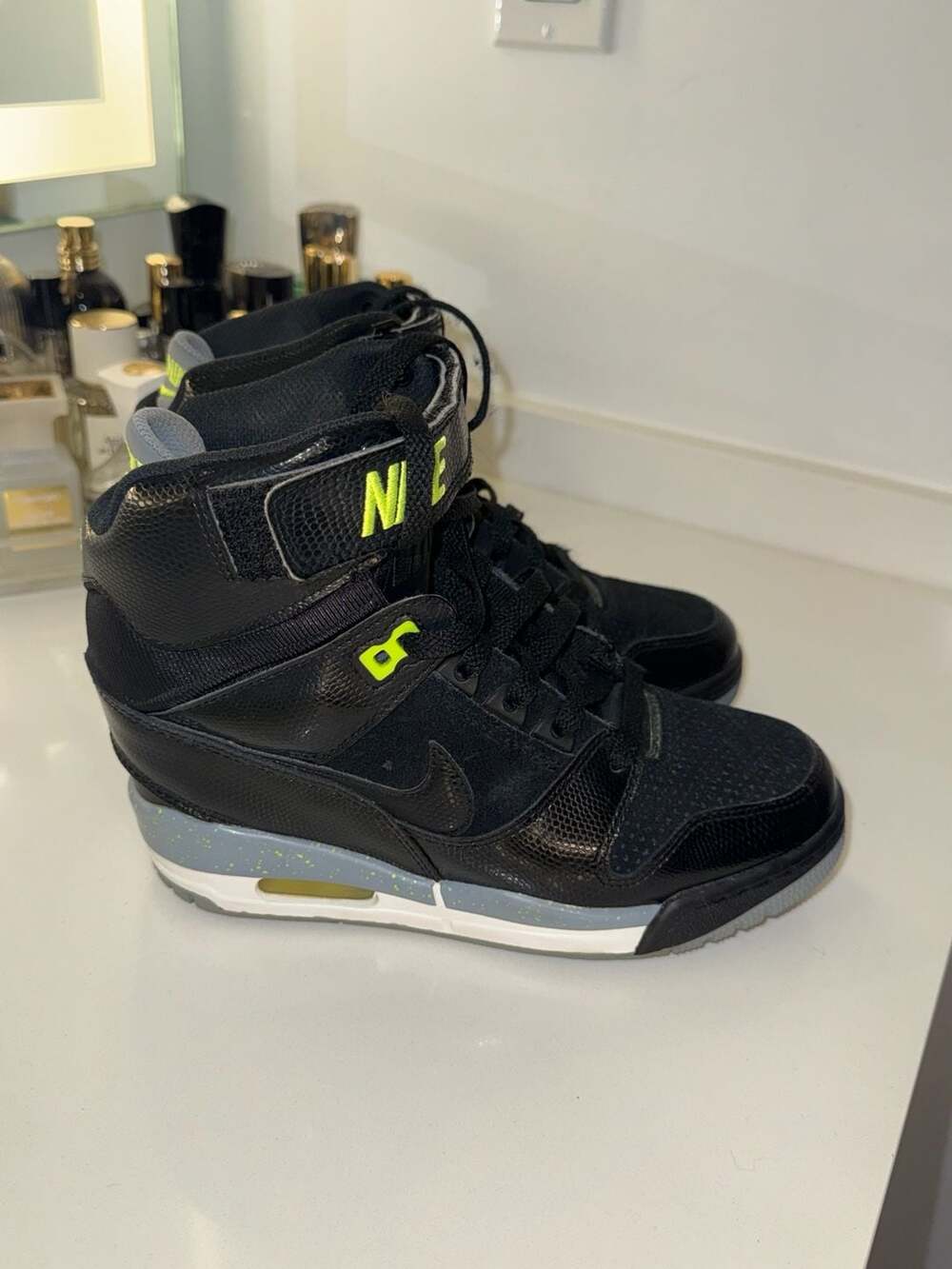 Nike Air Revolution Sky Hi Wedge Sneakers Black/Volt (599410-012)